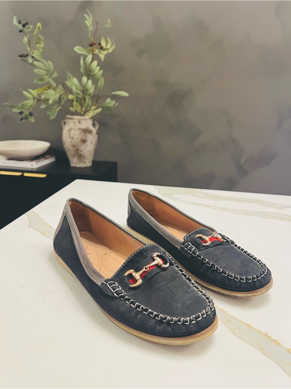 One by One Women's Black Suede Loafers with  Gold Horsebit